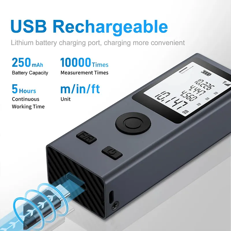 Mini Laser Rangefinder Digital Tape Measure Laser Ruler USB Charge Aluminum Alloy Fuselage Measuring Distance: 30m/50m