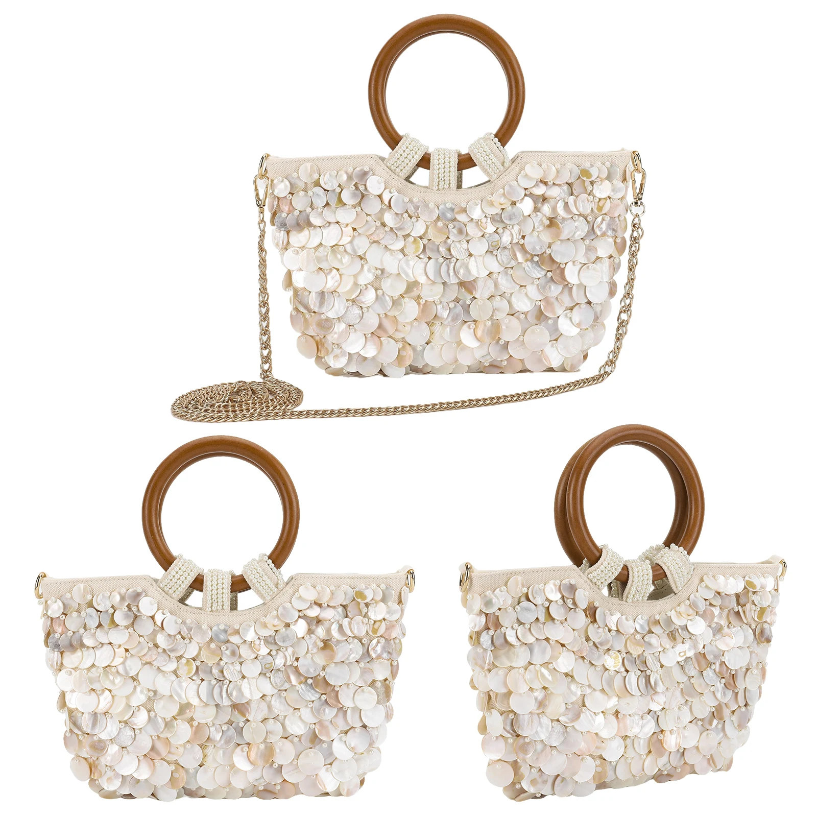 Shell Beaded Clutch Purse Wooden Handle Beach Bag Handmade Evening Handbag Luxury Designer Evening Bag for Women Summer Vacation