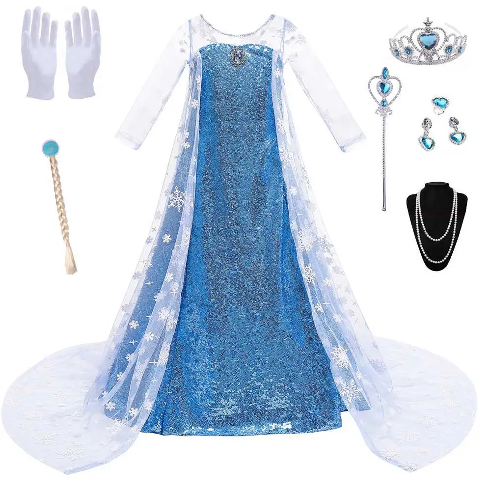 Ragazze Elsa Dress Frozen 2 Princess Cosplay Elsa Paillettes Costume Snow Queen Print Compleanno Carnival Gown Kids Bag Abbigliamento