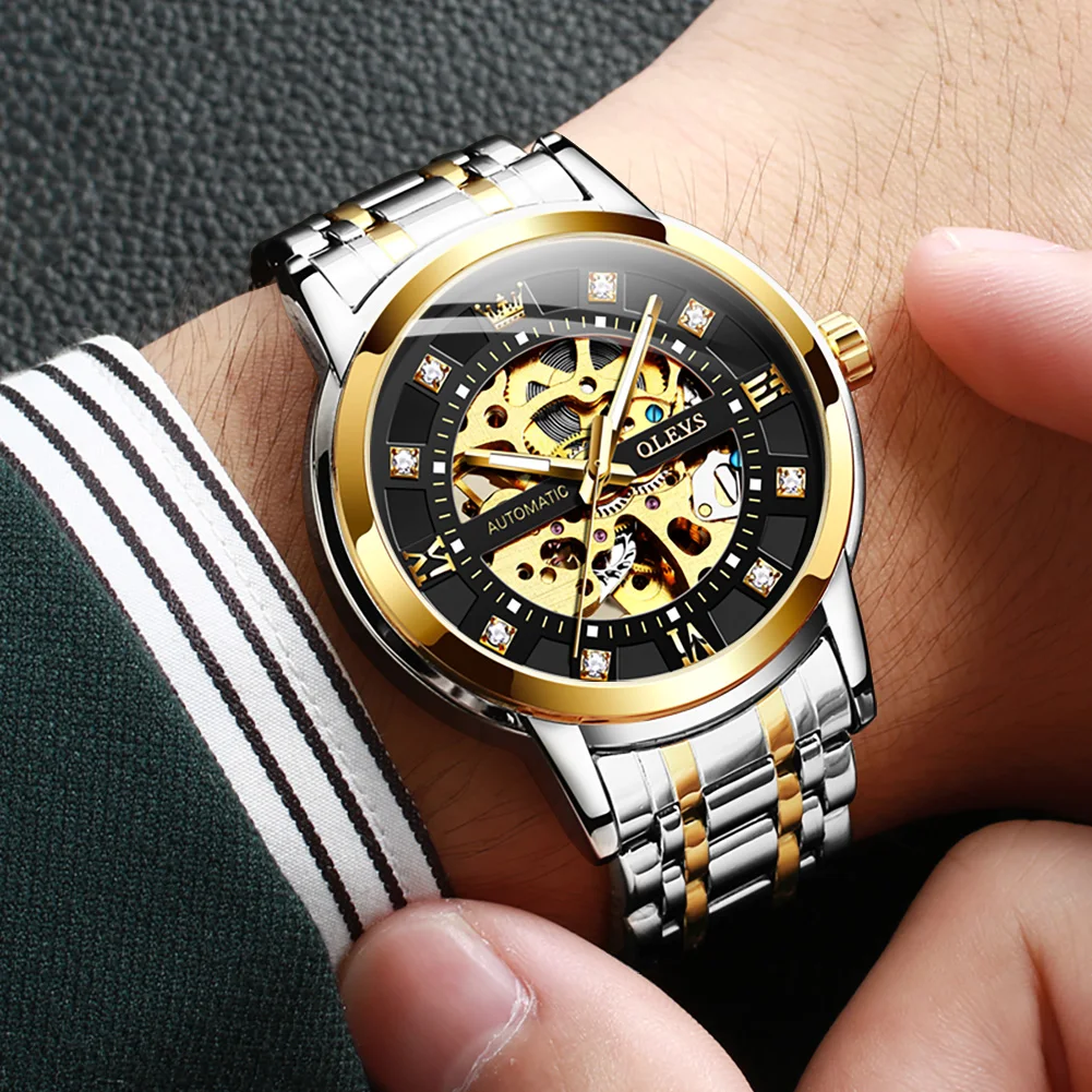 OLEVS Original Luxury Skeleton Automatic Watch for Men Mechanical Diamond Stainess Steel Waterproof Luminous Wristwatch Gift Man