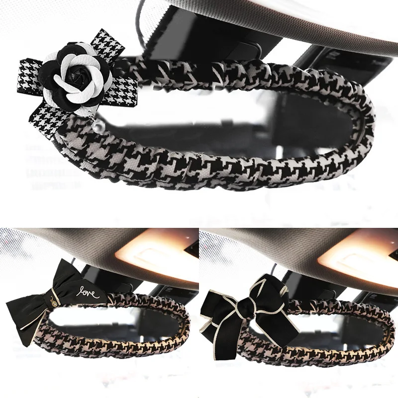 Classic Plaid Bowknot Universal Car Mirror Cover Universal Stretch Auto Interior Rearview Mirror Case Decortion Accessories