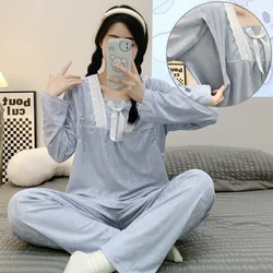 Spring Autumn Pregnant Women's Pajamas Set V-Neck Lace Maternity Women Breastfeeding Clothing Suit Long Sleeve Feeding Homewear