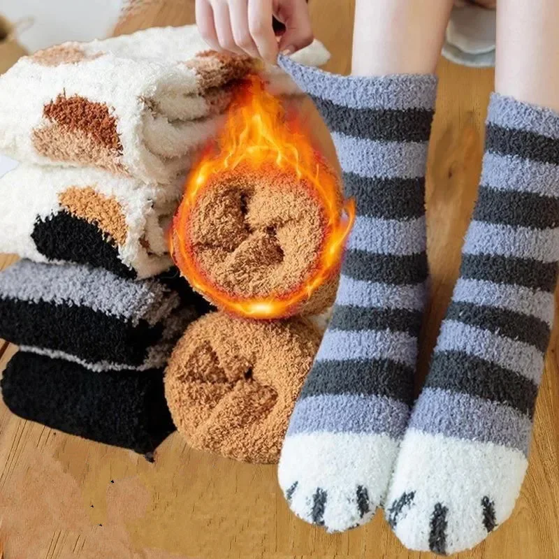 

Autumn Winter Coral Velvet Socks Cute Cat Claw Socks For Women Children Girls Middle Tube Thickened Sleep Socks Home Floor Socks