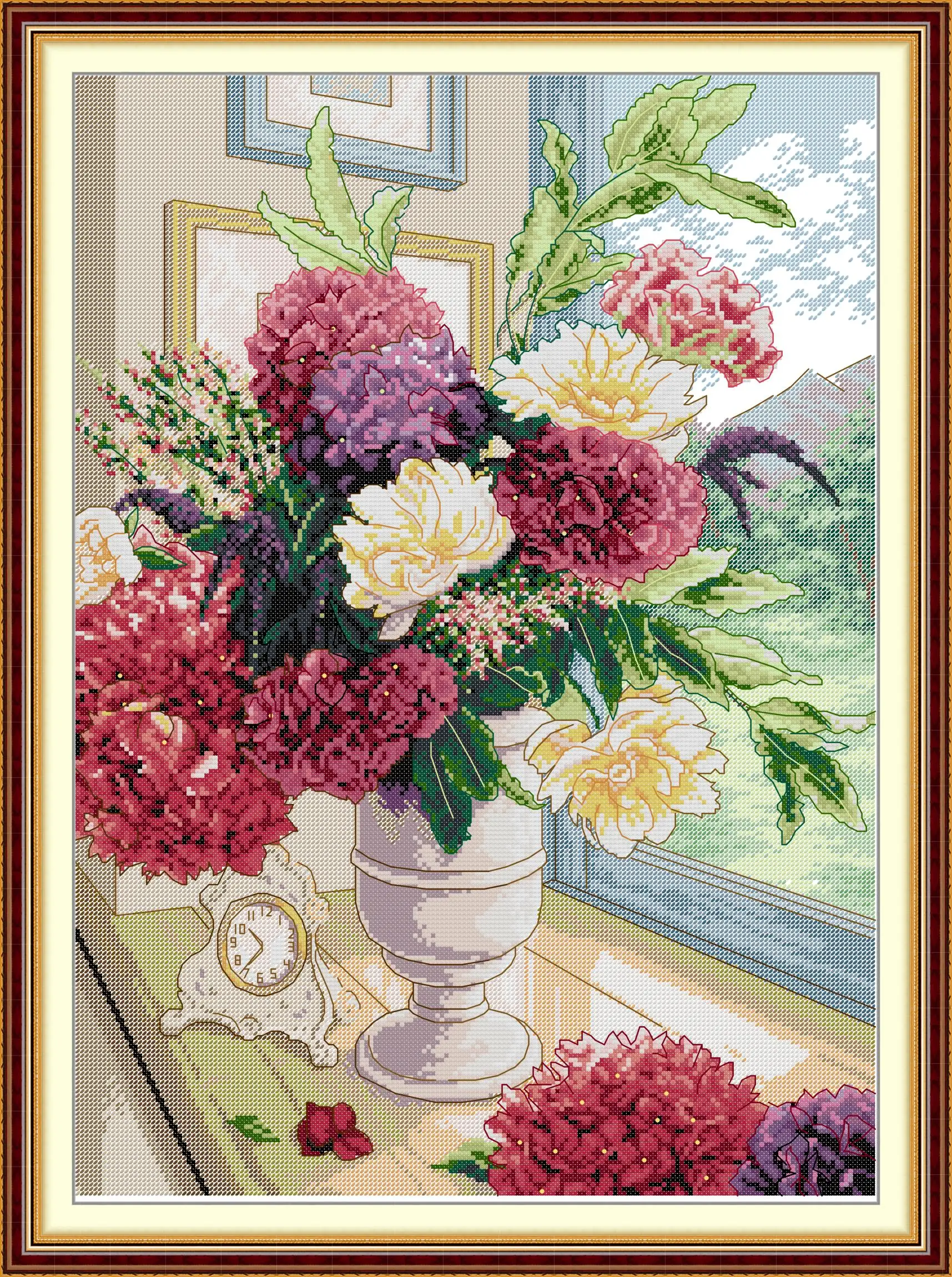 Joy Sunday Vase With Distant Mountains A Bouquet Of Flowers Cross Stitch, 14CT, 11CT, 16CT Counted Stamped Home Decor F926 HA301
