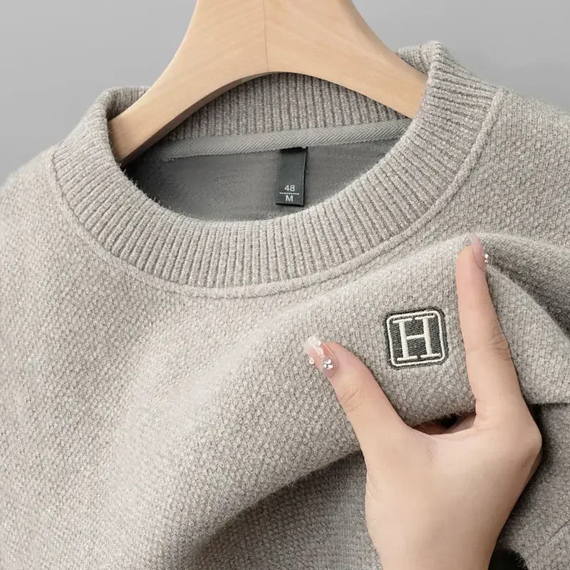 Winter Men's Warm Fleece Sweater O-Neck Embroidered Casual Knitted Inner Lap Pullovers Thick Thermal Underwear Sweater 4