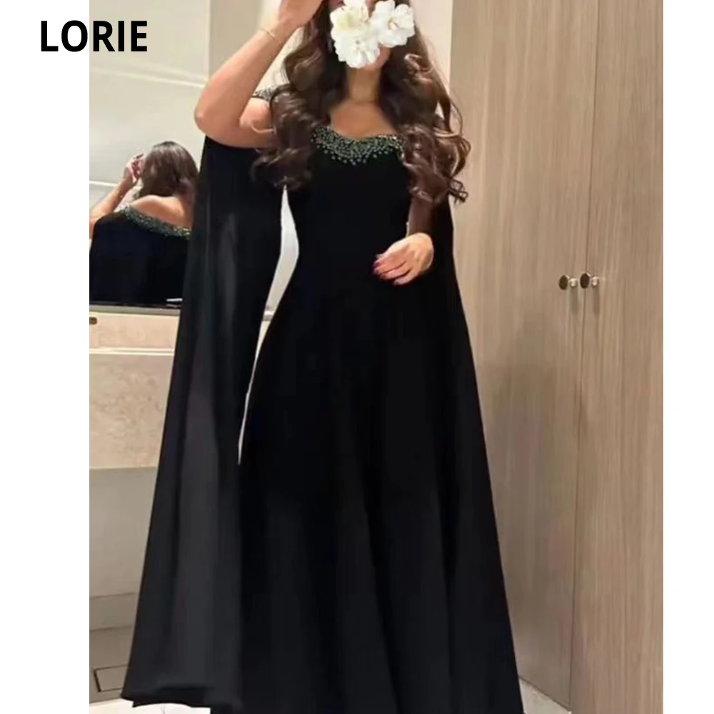 

LORIE Elegant A-line Satin Prom Dresses Beaded Vestido Novia Longue Robe De Soiree Strapless With Cape Black Vestidos De gala