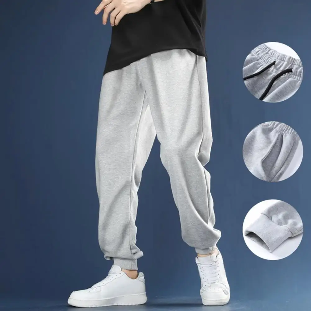 

Solid Color Pants Men Sports Pants Men's Thick Plush Warm Winter Pants with Ankle-banded Elastic Waist Pockets Ankle for Sports