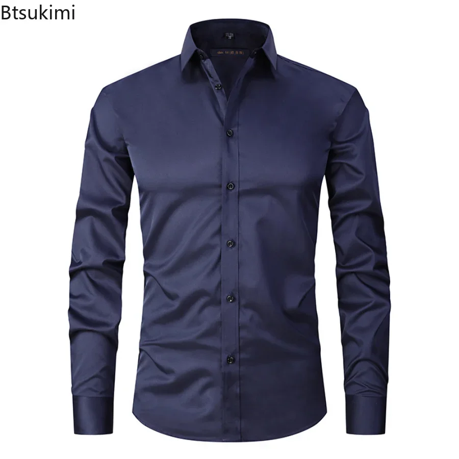 New 2024 Men's Long Sleeve Dress Shirts Anti-Wrinkle No-Ironing Elasticity Slim Fit Men Social Formal Shirts Solid Camisas Male