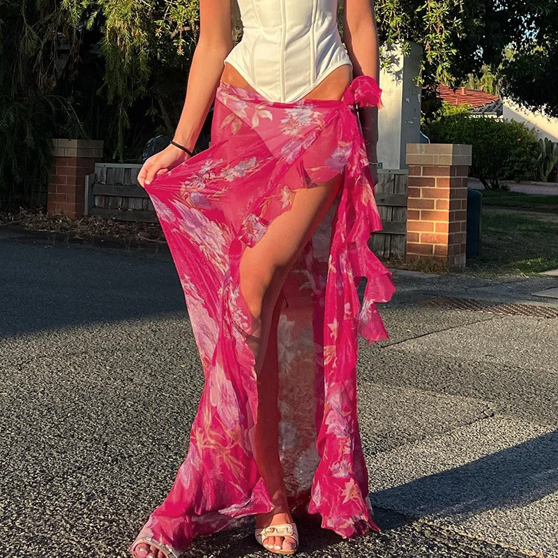 

Women's Skirt Chiffon Ruffle Split Skirt Streetwear Y2k Fashion Print Vintage Summer Holiday High Waist Long Skirt Woman Clothes