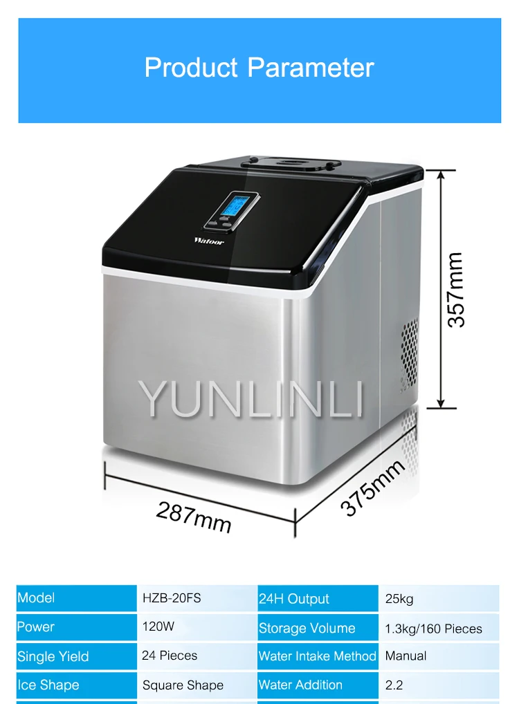 24 Ice-Tray Electric Ice Maker Commercial & Household Stainless Steel Manual Adding Water Ice Making Machine