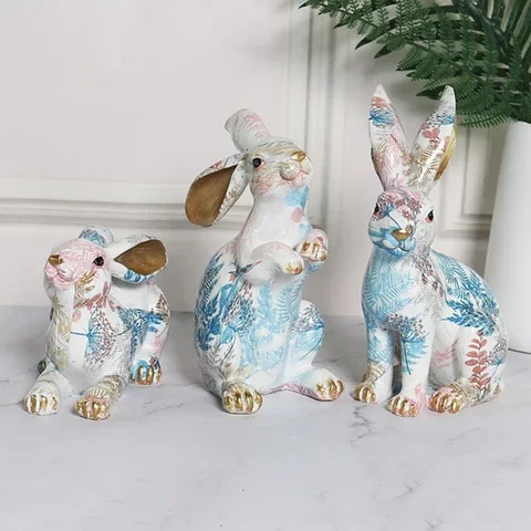 

Cute Rabbit Statue Resin Bunny Sculpture Home Room Decorative Art Ornaments Painted Jade Rabbit Figurines Easter Decoration Gift