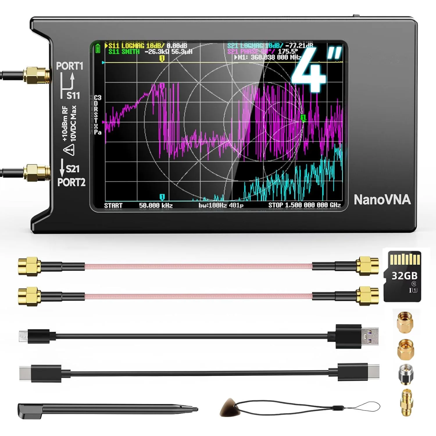Spectrum Analyzer 4" NanoVNA-H4 Vector Network Antenna Analyzer 10KHz-1.5GHz MF HF VHF UHF Antenna Tuner
