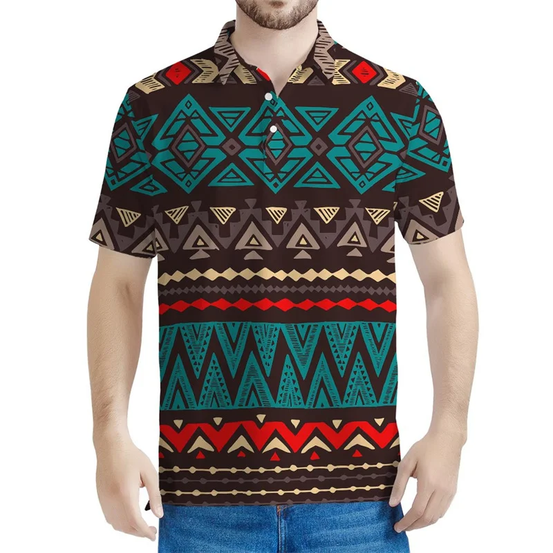 

Vintage Aztec Tribal Pattern Polo Shirt For Men 3d Print Ethnic Totem Tee Shirts Tops Button Short Sleeve Casual Lapel Blouse