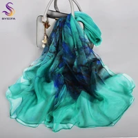 [BYSIFA] Emerald Green Women Long 100% Silk Scarf Printed Chinese Style Water Ink Painting Brand Oblong Silk Shawl Scarves 170cm 1