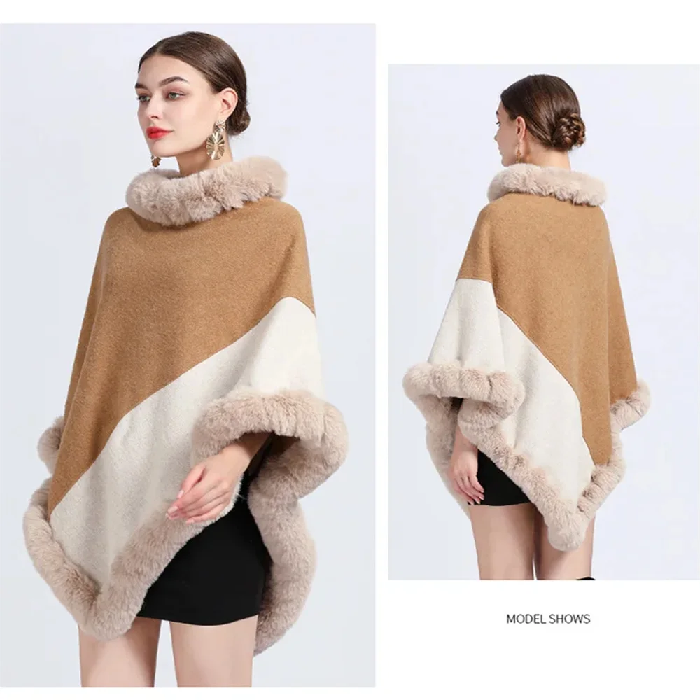 

Winter Beige Camel Contrast Poncho Cloak Rabbit Fur Cloak Women Triangle Fashion Cape Loose Pullovers Outstreet Shawl Overcoat