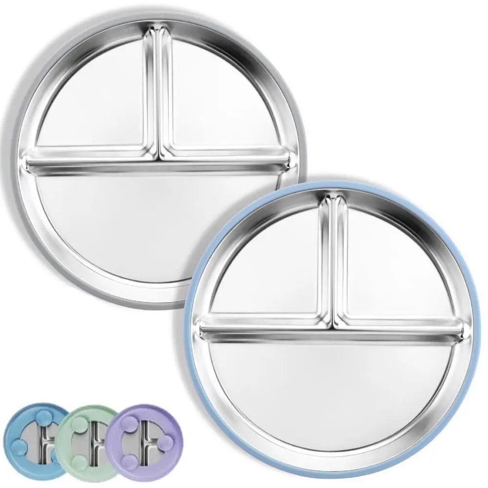 Divided Design Baby Sucker Dining Plate Silicone Suction Cup Non-Slip Children 3 Grids Dishes Anti-fall 304 Stainless Steel silicone dining plate divided dinner plate