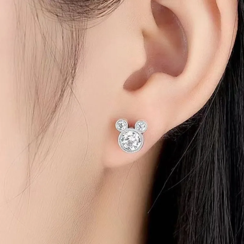 Silver Color Cute Cartoon Mickey Stud Earrings for Women Lovely Shiny Zircon Mouse Female Fashion Earring Jewelry Accessories