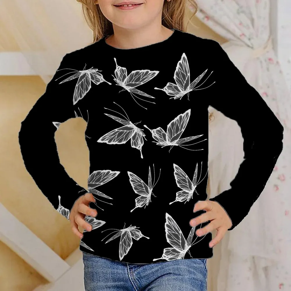 Vestiti ragazze da 4 a 12 anni farfalla glow nero manica lunga t-shirt bambini 2023 moda autunno top per bambini magliette