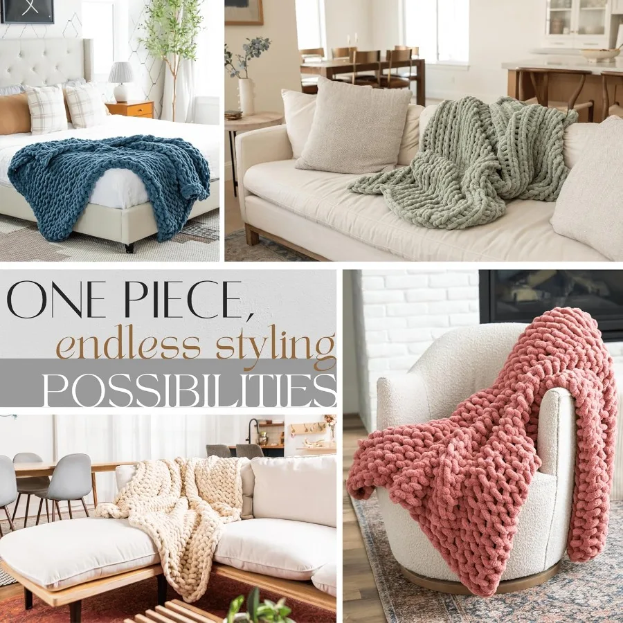 Chunky Knit Blanket Throw 50x60 Brown Chenille Thick Yarn Knitted Blanket for Living Room Decor or Boho Style Cable Knitted Cro