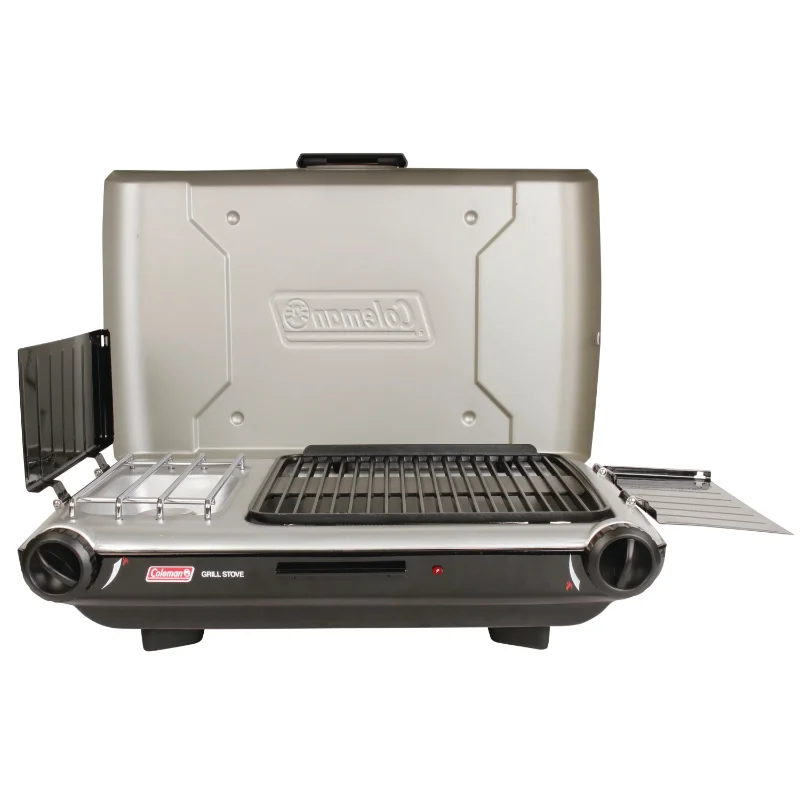 

Tabletop Propane Gas Camping 2-in-1 Grill/Stove 2-Burner, Gray