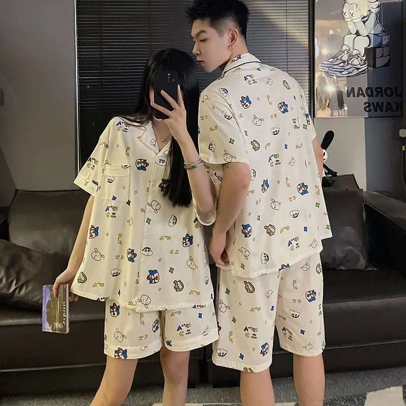 

Short Sleepwear 2023 Clothes Couple for Sleeve Sets Cartoon Cute Home Korean Pyjama Women Summer Pajama Homewear Suit Cotton Men