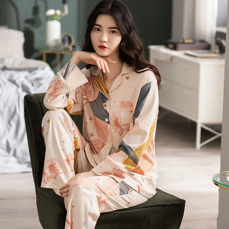 Spring Autumn Women's Milk Silk Pajamas Long Sleeve Cardigan Pants Loose Casual Home Clothing Set Girl Sweet Cute Sleepwear