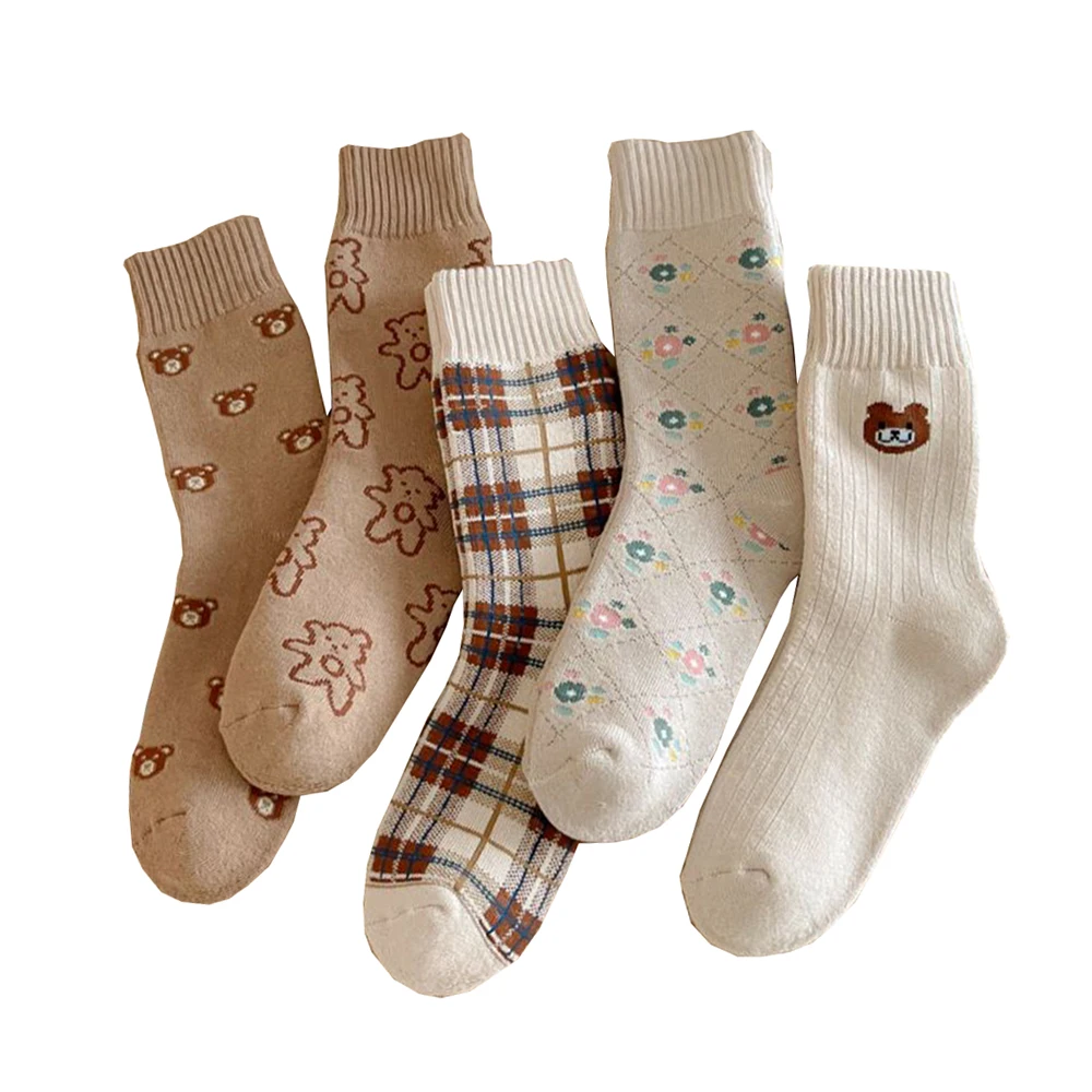 

5 Pair Vintage Harajuku Floor Socks Women Thick Keep Warm Long Winter Socks Cute Cartoon Bear Terry Home Sokken Cycling Footset