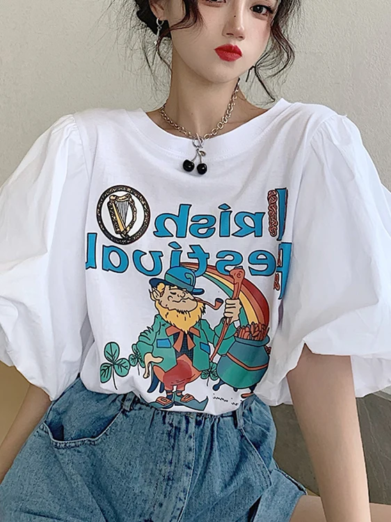 White ort Sve T-irt Women's Design Summer 2025 New Print Anti-Aging Lantern Bubble Sve Top Korean Sle Loose Fit 1