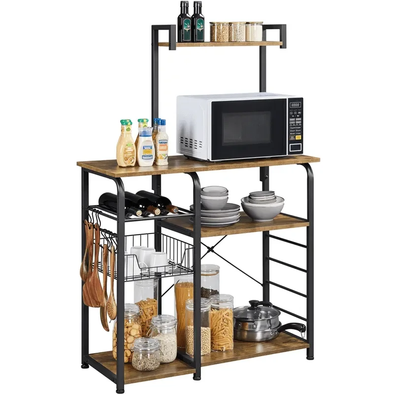 

35.5" Kitchen Storage Shelf Baker's Rack with 10 Hooks, Rustic Brown