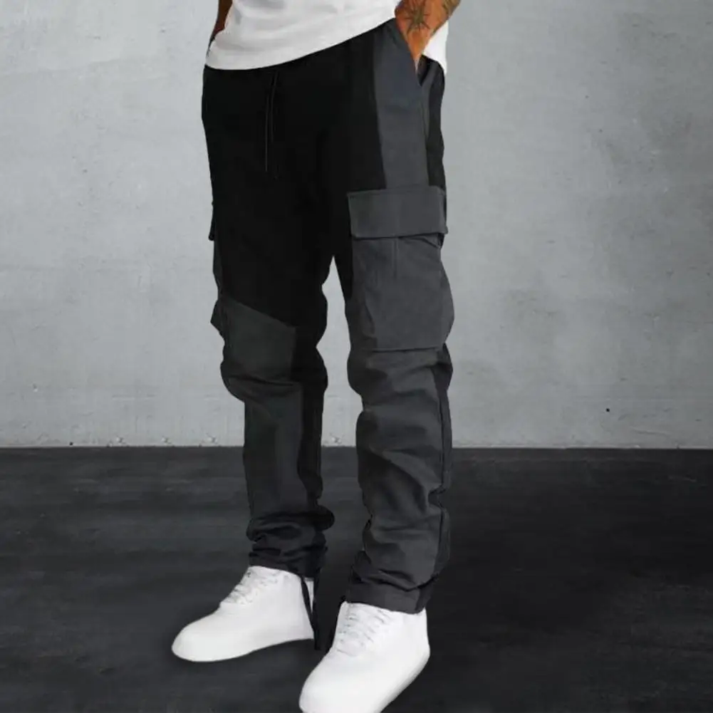 

Contrast Color Trousers Versatile Men's Cargo Pants Stylish Patchwork Design Comfortable Elastic Waist Multiple for Sports