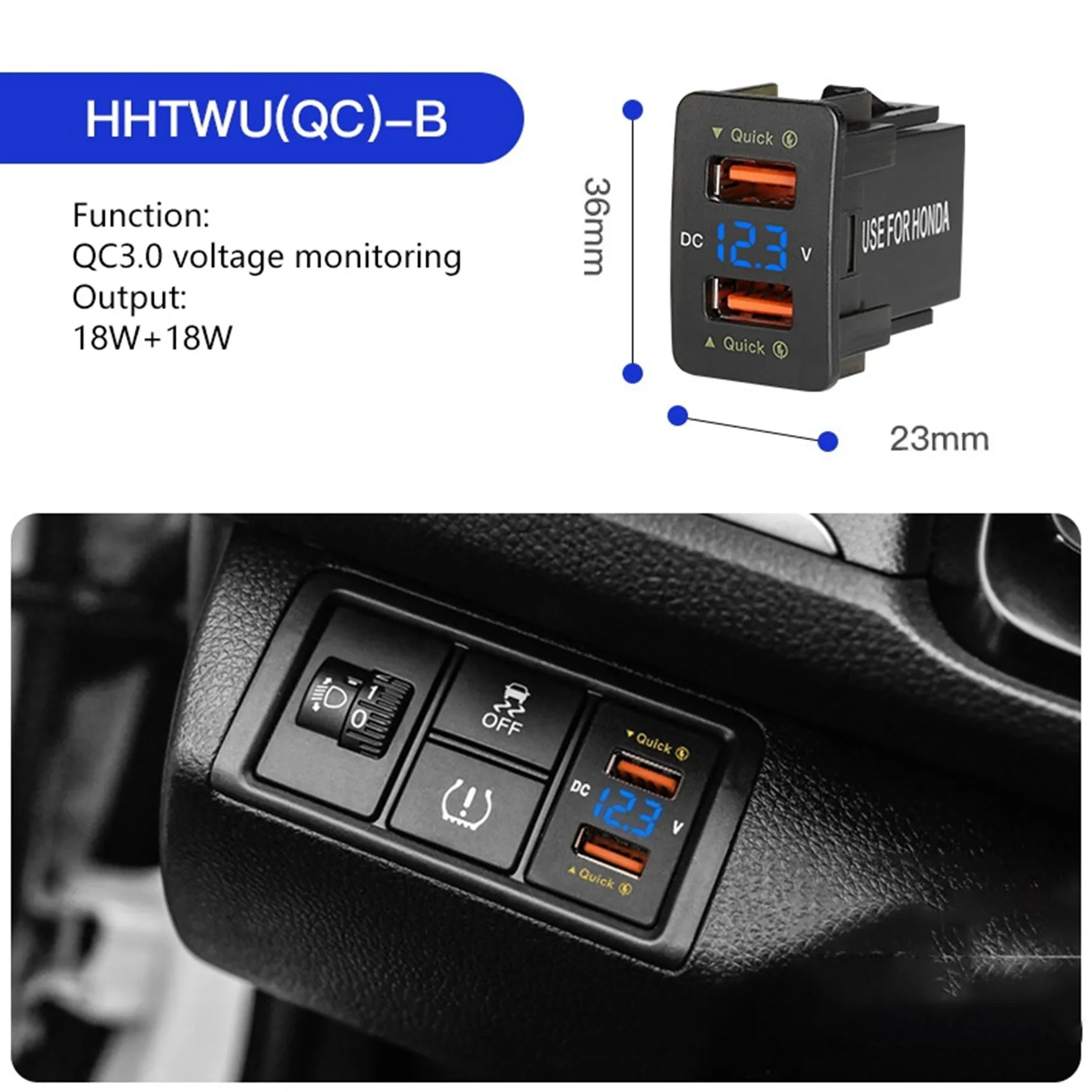 36W Fast Car Charger QC3.0 Dual USB Fast Charger with Blue Voltage Waterproof Mobile Phone for Honda