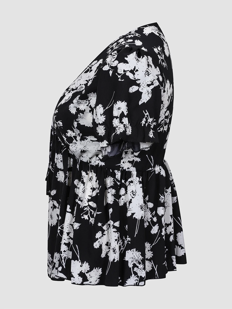 Finjani Plus Size Women's Clothing Ruched Puff Sleeve Tee V-neck Black And White Print Short-sleeved Top