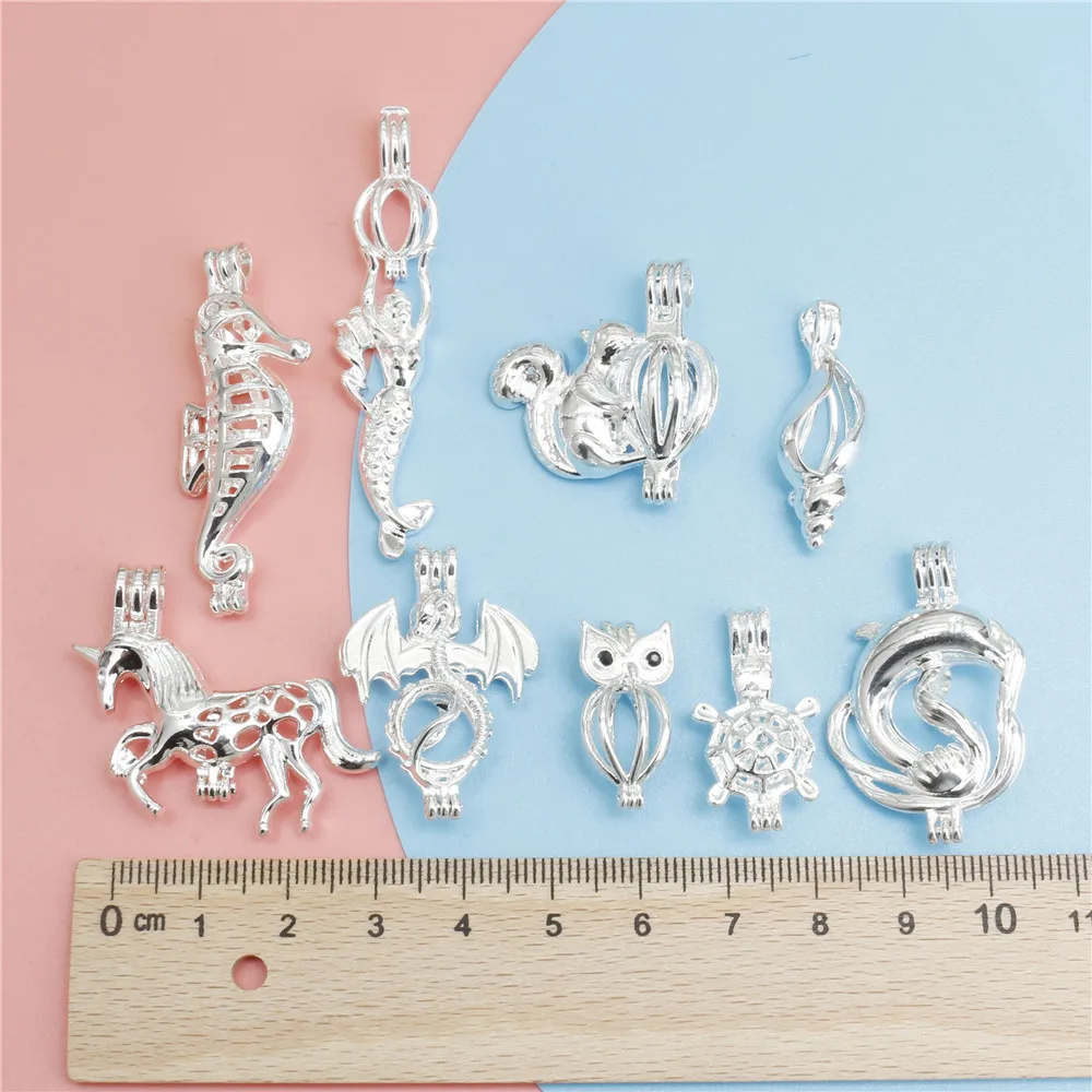 10pcs Classics Silver Color Pearl Cage Locket Pendants Aromatherapy Mermaid Essential Oil Diffuser Necklace Locket For DIY