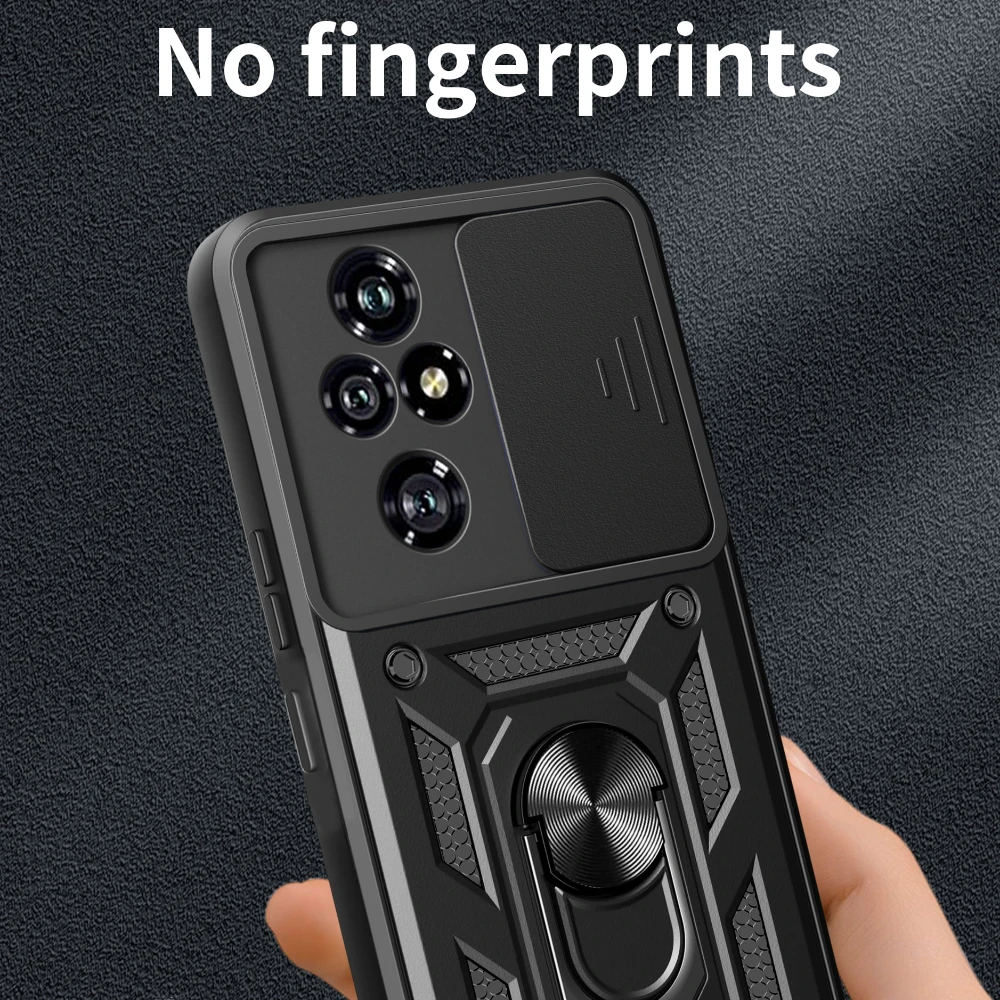 Durable Phone Case with Slide Lens Cover, Rotating Ring, and Shockproof Stand Holder