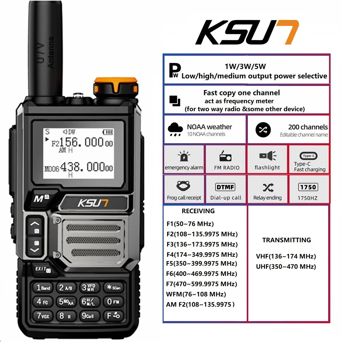 KSUT UV60D 5W Handheld Transceiver Walkie Talkie Long Range Ham Amateur Radio Stations AM FM Portable Radio Receiver Wireless