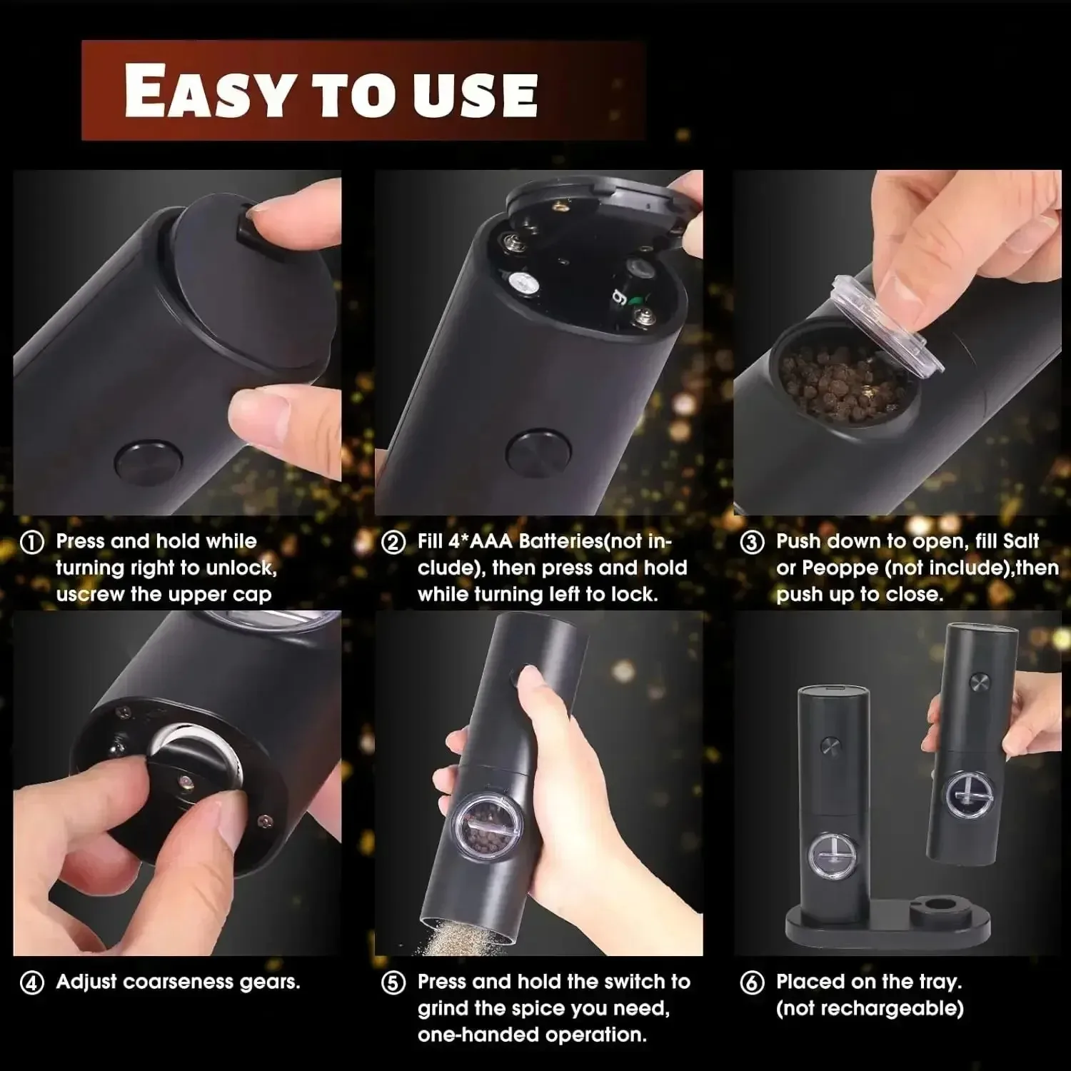 Electric Spices Grinder With Adjustable Coarseness Battery Powered Salt and Pepper Grinder Hand-held Automatic Mill Grinder 6