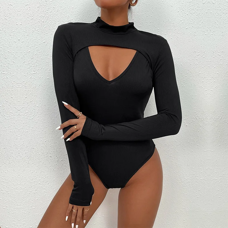 Women's sexy tight cut out black jumpsuit bodysuits womens clothing long sleeve playsuit