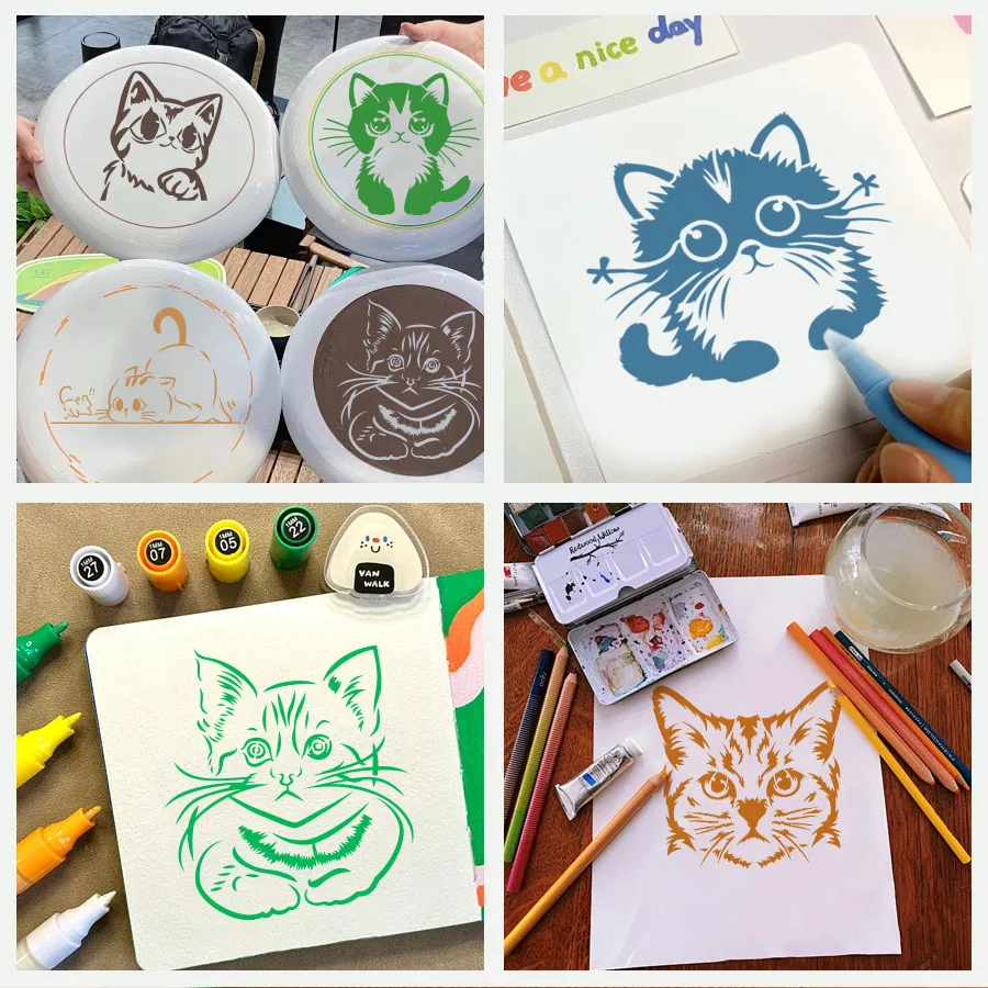 그림용 6PCS 귀여운 고양이 스텐실 세트 - 벽, 가방, DIY 공예, 직물, 목재용 20x20cm 및 20x15cm 재사용 가능한 템플릿