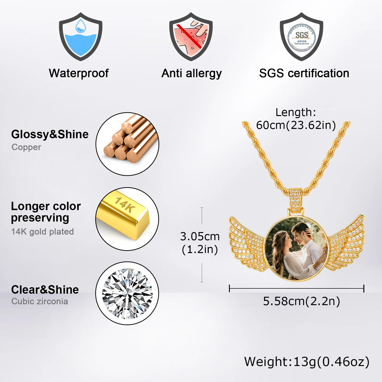 Hip Hop Photo Necklace for Men Boys,Personalized Pictue Wings Round Pendant Necklace,Anniversary Father's Gift