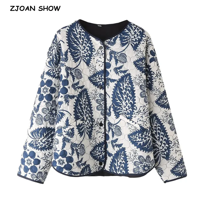 2023 Winter Collarless Blue White Flower Print Quilted Coat Ethnic Women Quilting Full Sleeve Loose Jacket Retro Outerwear ароматический диффузор 80 мл silky blue flower petals endearment