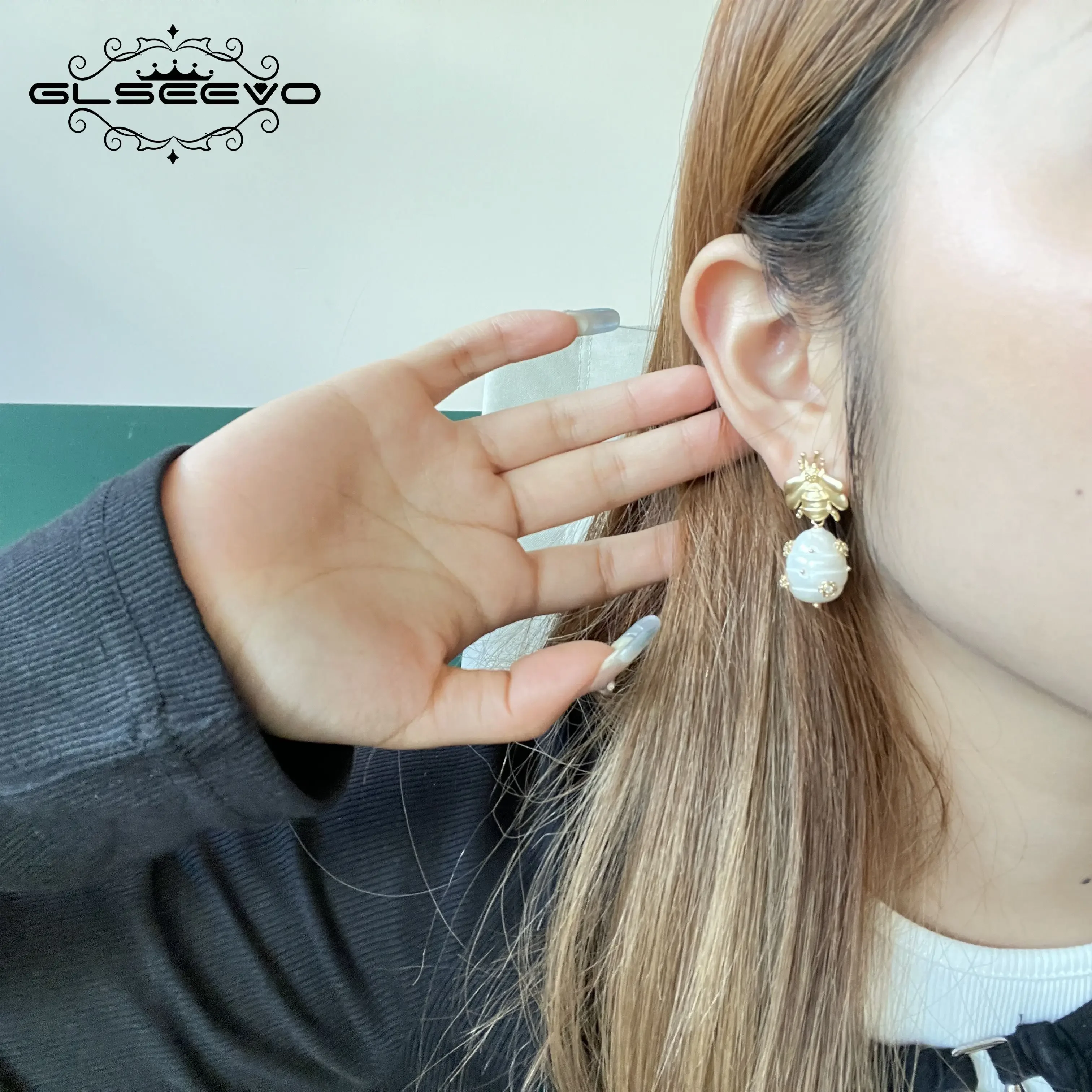 Silver Earrings Womens Earrings Silver Dangle Earrings GLSEEVO 925 Silver Natural Shell Beads Bee Drop Earrings For Women Charms Earrings Original Design Handmade Luxury Jewelry Gift