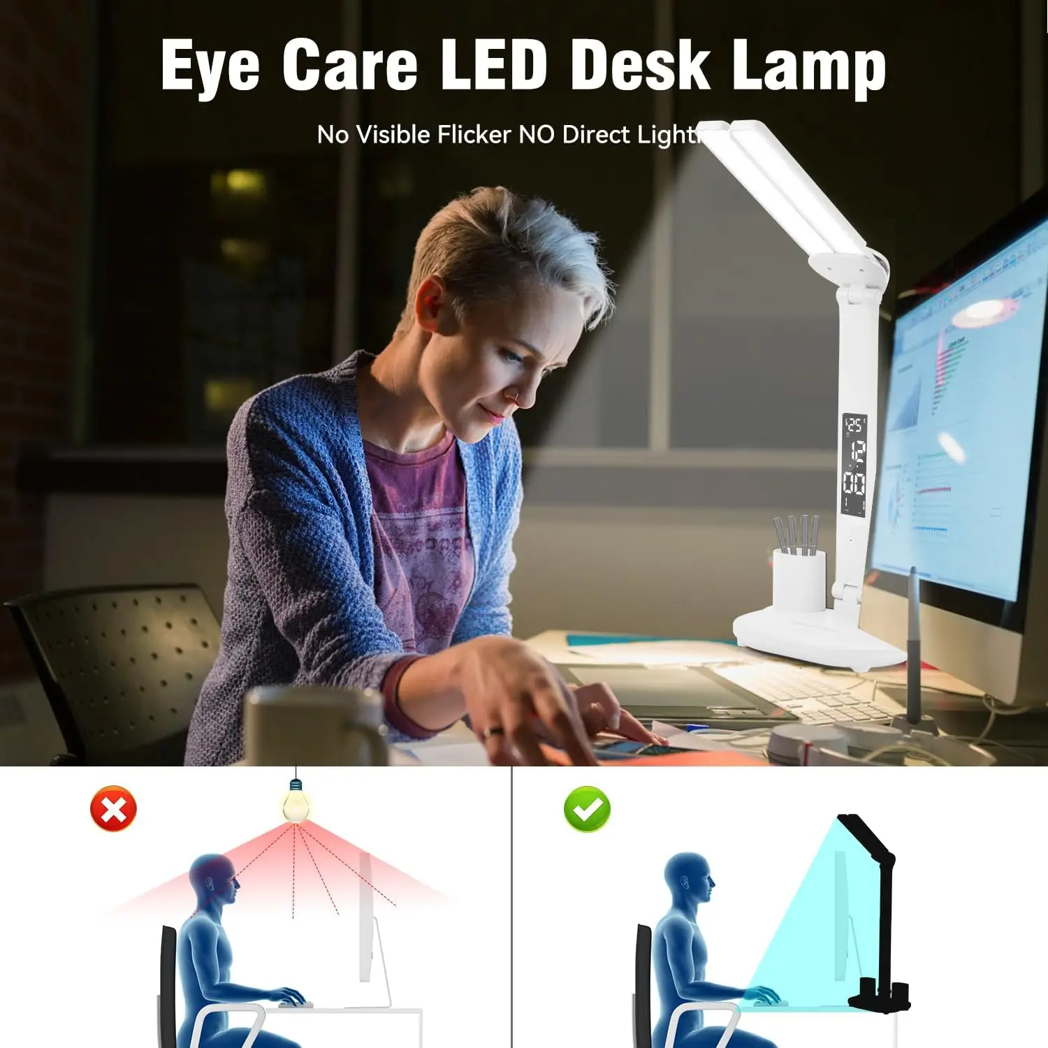 Desk Lamp USB LED Clock Dimmable Desk Lamp 2 Heads 180 Degree Rotation Foldable Desktop Reading Night Light Eye Protection