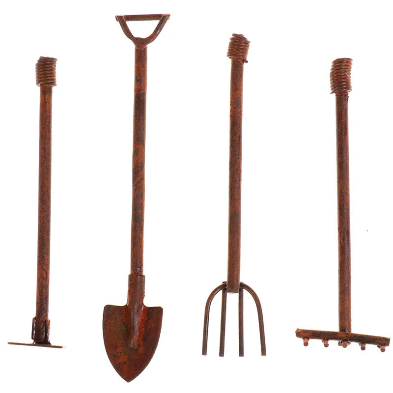 4 Pieces Dollhouse Miniature 1:12 Gardening Tools Metal Shovels and Pitchfork Furniture Set