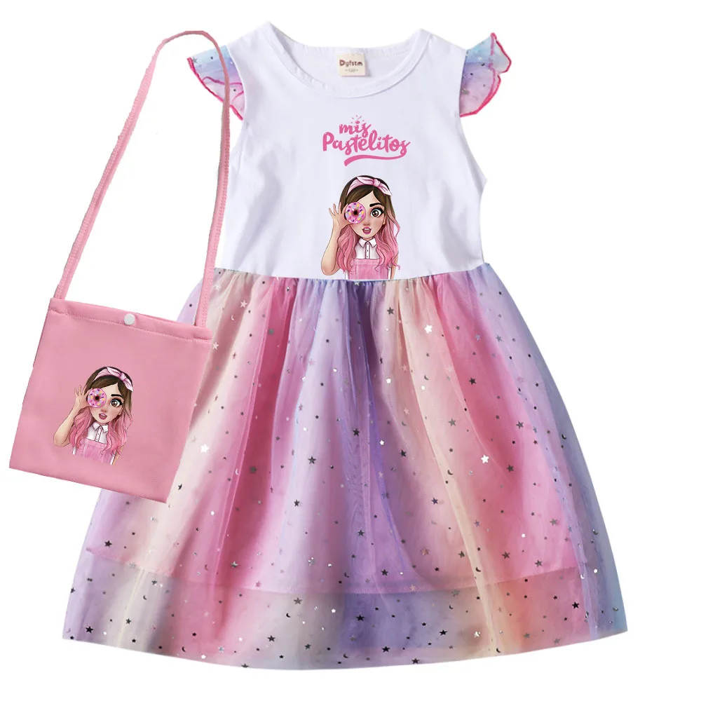 

Mis Pastelitos Clothes Baby Girls Short Sleeve Dresses with Small Bag Kids Cartoon Wedding Party Princess Vestidos