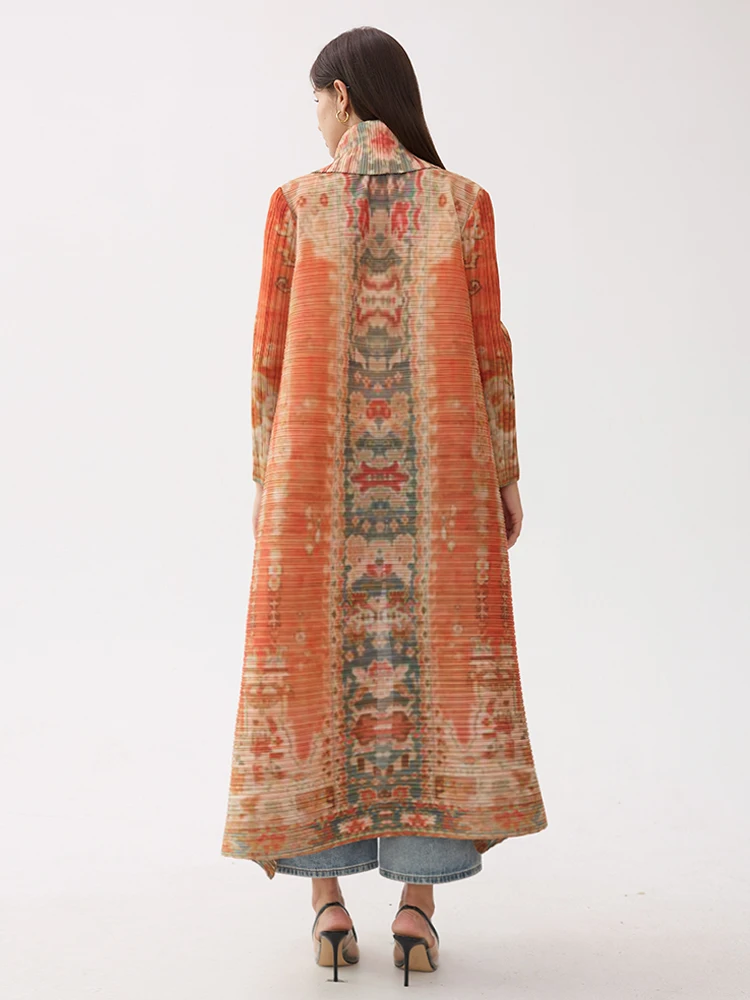 Miyake Pleated Vintage Printed Turn-down Collar Long Sleeve Long Jacket Women Designer Abaya New Dubai Fashion Plus Size Coats 2