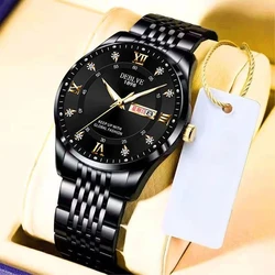Men's Stainless Steel Luminous Sports Watch with Hidden Buckle and Calendar (Black)