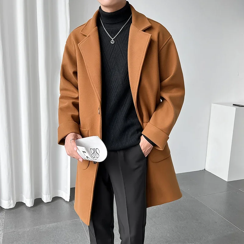 

Medium-length Cotton Wool Windbreaker Men's Autumn and Winter Solid Color Slim Business Casual Loose Suit Collar Windbreaker