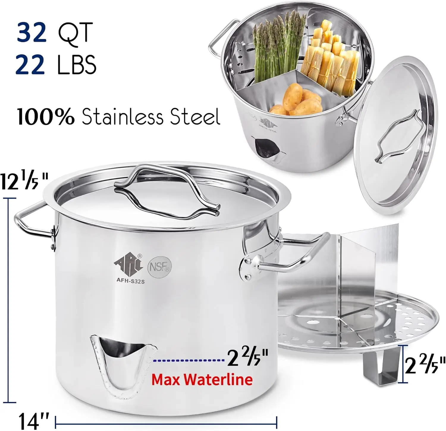 ARC 20/24/32QT Stainless Steel Tamale Steamer Pot w/Easy-fill Water Spout,Seafood Crab Steamer with Divider and Rack