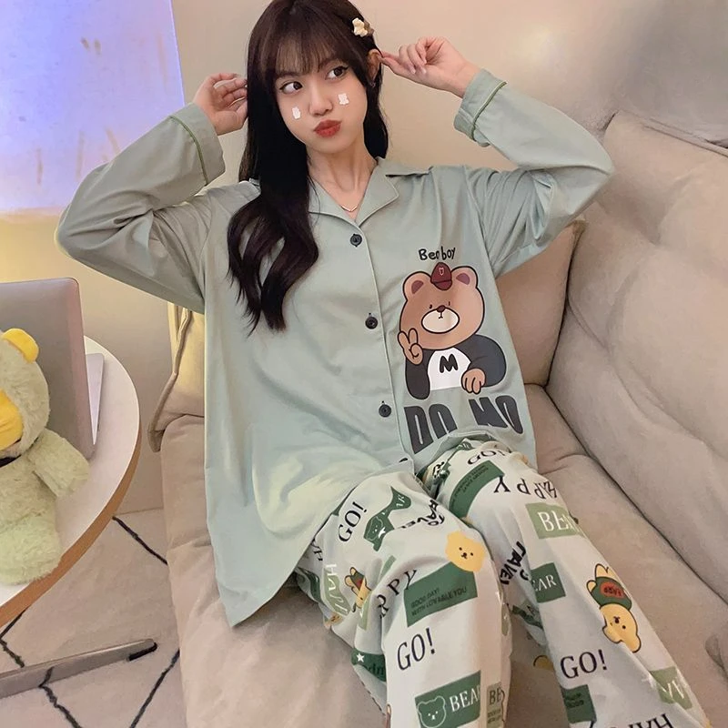 

2024 New Sleepwear Spring Autumn Women Long-Sleeved Trousers Sweet Cute Bear Pajamas Suit Female Large Size Casual Homewear Suit