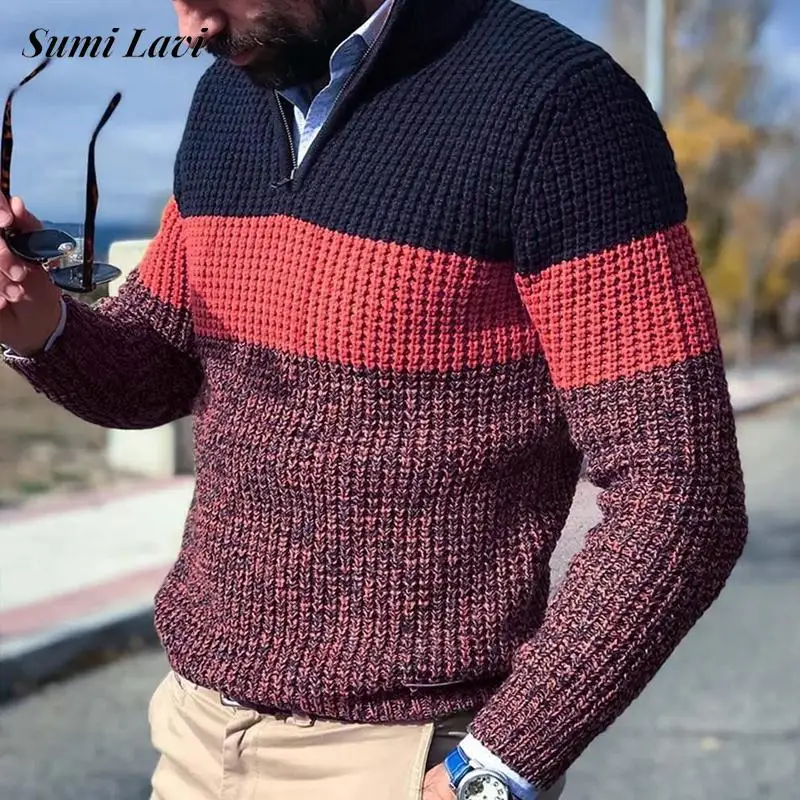

Fashion Zipper V Neck Knitted Jumper Tops Men Autumn Casual Long Sleeve Patchwork Striped Sweater Winter Mens Vintage Sweaters